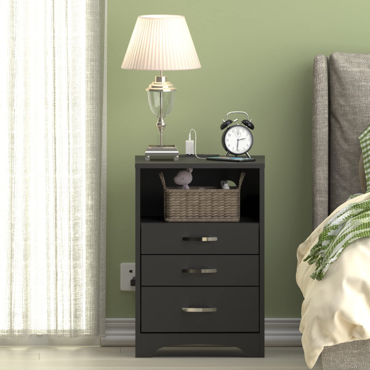 3 Drawers Black Nightstand with Charging Station, Side Table with Open Storage Bedside