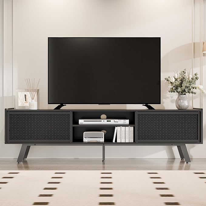 Black TV Stand for 65 70 Inch TV, Modern Iron Rattan TV Console with Sliding Door