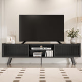 Black TV Stand for 65 70 Inch TV, Modern Iron Rattan TV Console with Sliding Door