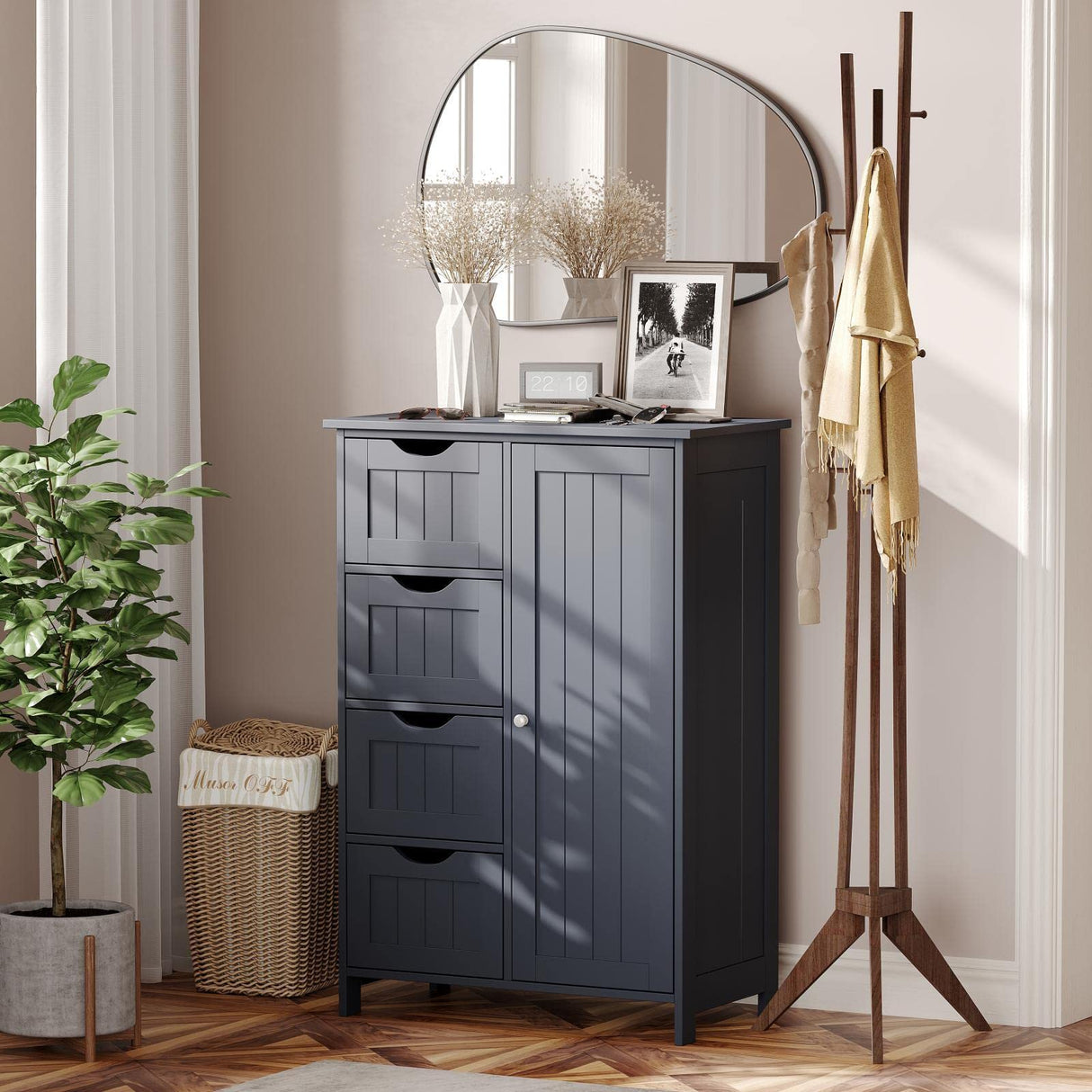 Bathroom Floor Cabinet, Bathroom Cabinet, Storage Cabinet with 4 Drawers and Adjustable Shelf for Entryway Storage,