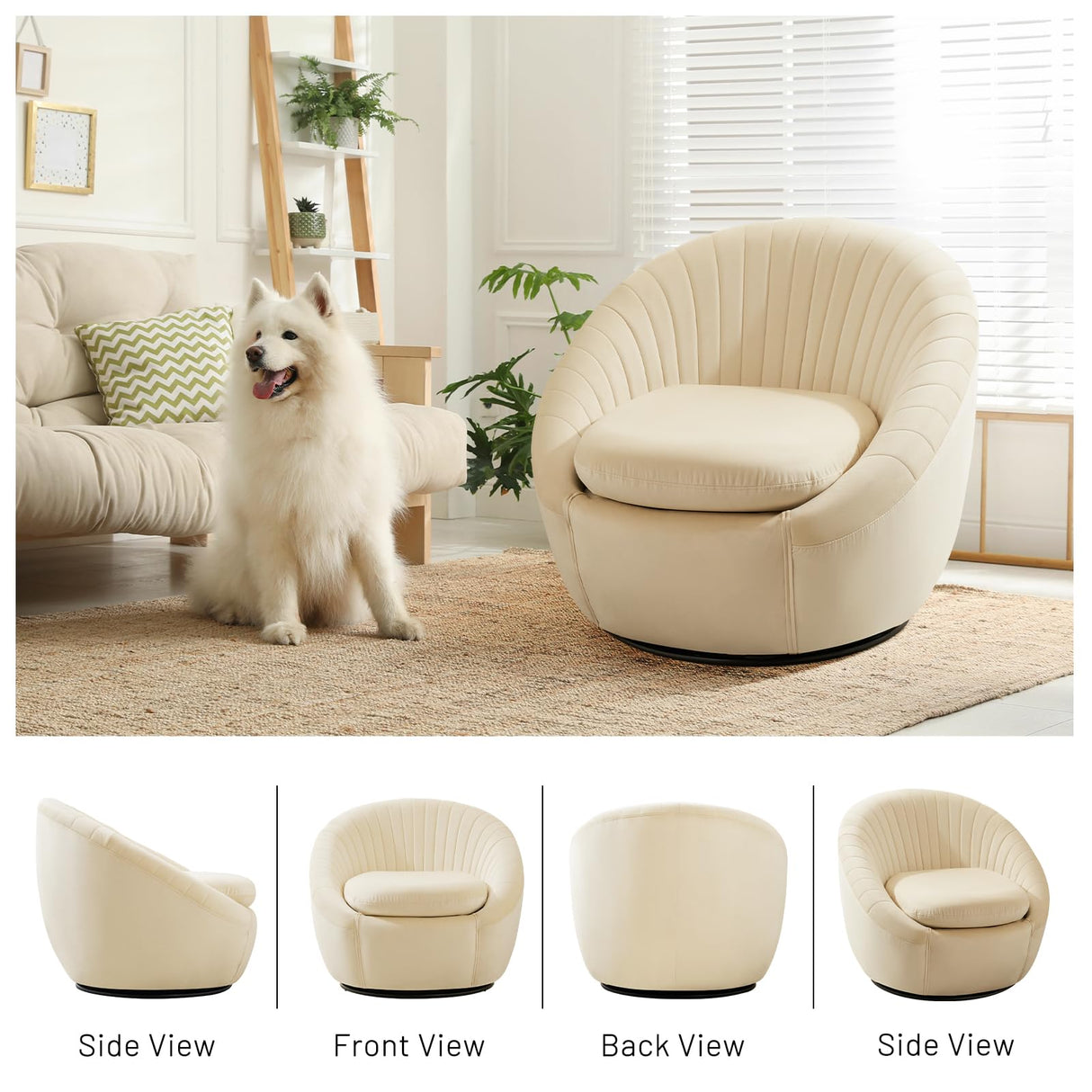 Furniliving Swivel Accent Chair, Modern Velvet Shell Swivel Barrel Chair with Wide Seat, FSC Certified Upholstered Single Sofa Swivel Chair for Living Room Bedroom Nursery, Cream Beige