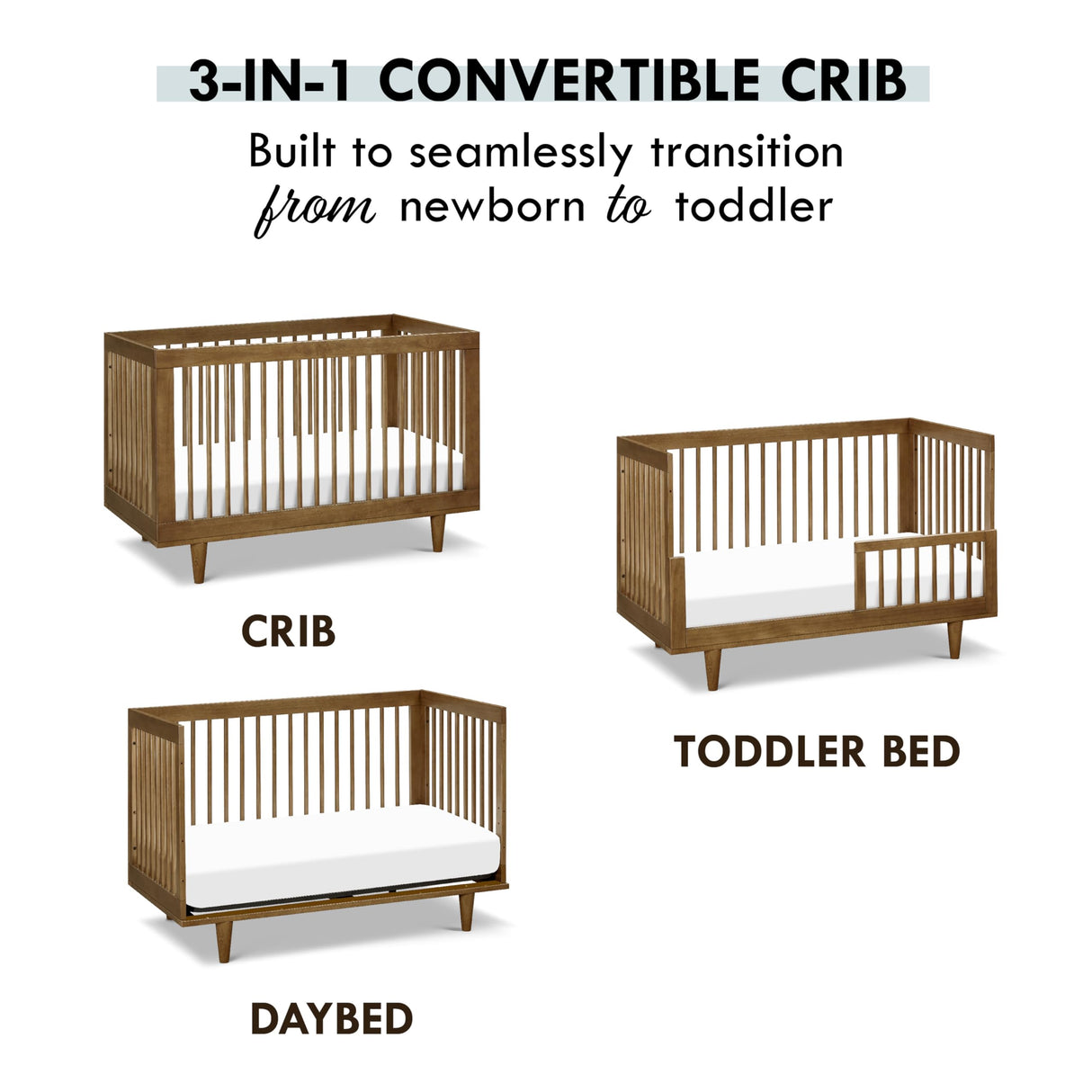 Marley 3-in-1 Convertible Crib in Walnut Finish and Walnut Legs,