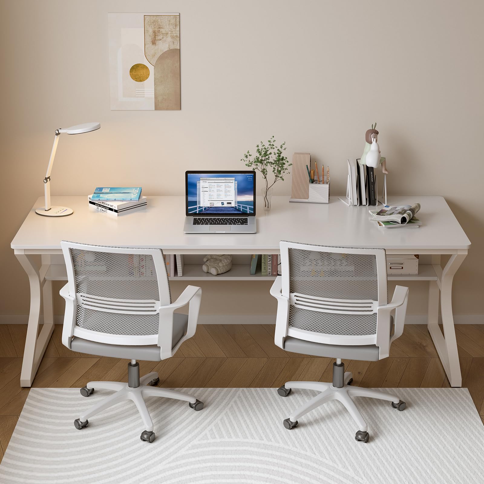 Extra Long Desk with Bookshelf - 71" Double Long Writing Table for 2-Person Workstation