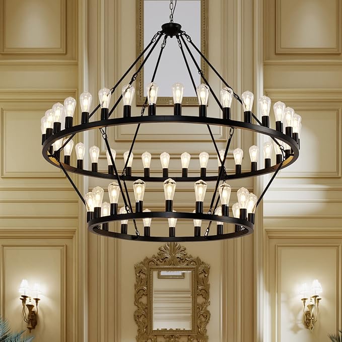 60 Inch Black Extra Large Wagon Wheel Chandelier, 2 Tier 54-Lights Farmhouse Industrial