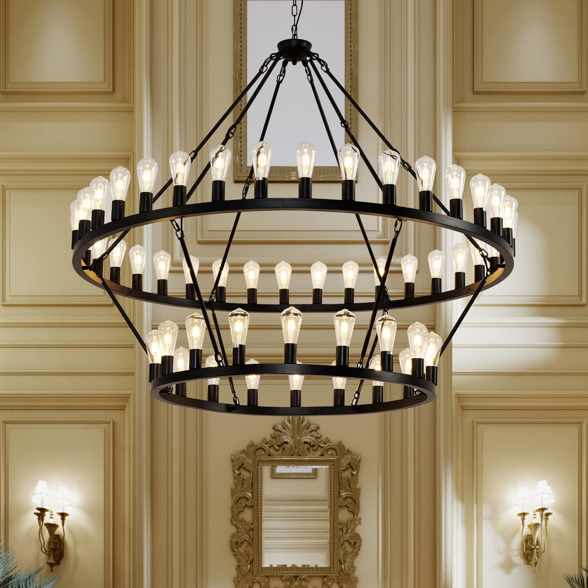 60 Inch Black Extra Large Wagon Wheel Chandelier, 2 Tier 54-Lights Farmhouse Industrial