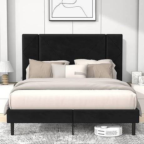 Queen Bed Frame, Velvet Upholstered Bed Frame Queen Size with Headboard, Mattress