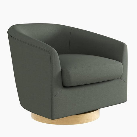 Swivel Accent Chair, 360° Fabric Barrel Armchair with Wood Base for Living Room