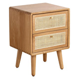 Olusmane Nightstand Easy Assembly Solid Oak Wood Mid Century Modern Night Stand with 2 Rattan Drawers Small Bedside Table Sturdy & Durable 15.75" L x 13.78" W x 21.26" H (Natural)