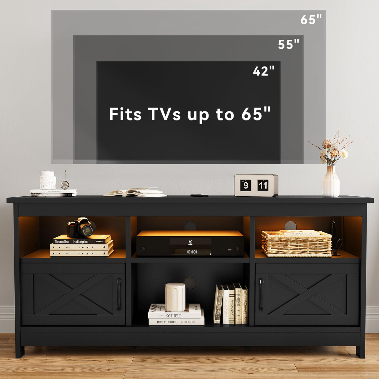 Farmhouse TV Stand for TVs Up to 65 Inch, Modern Entertainment Centre with Power