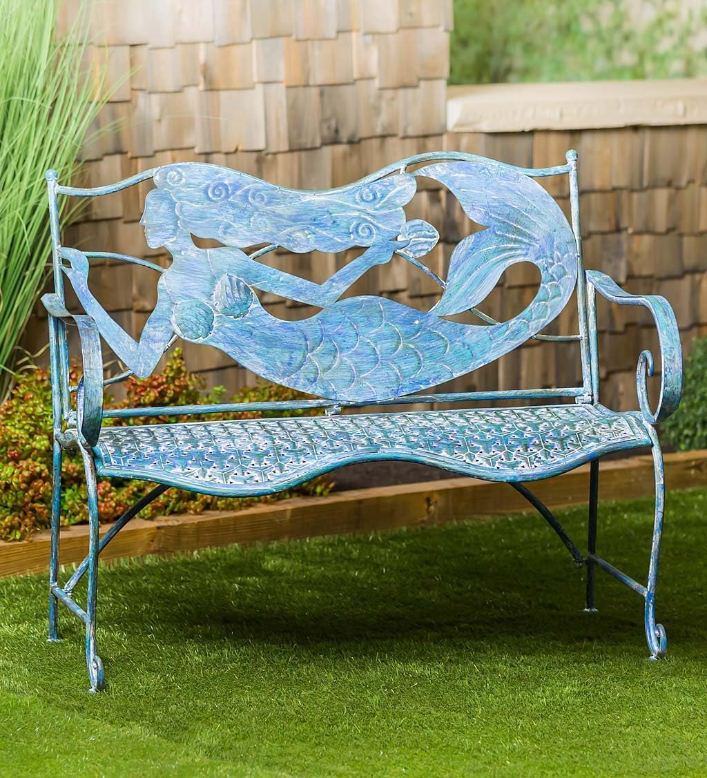 Mermaid Garden Bench for Outdoors | Outdoor Benches Weatherproof | Metal Bench