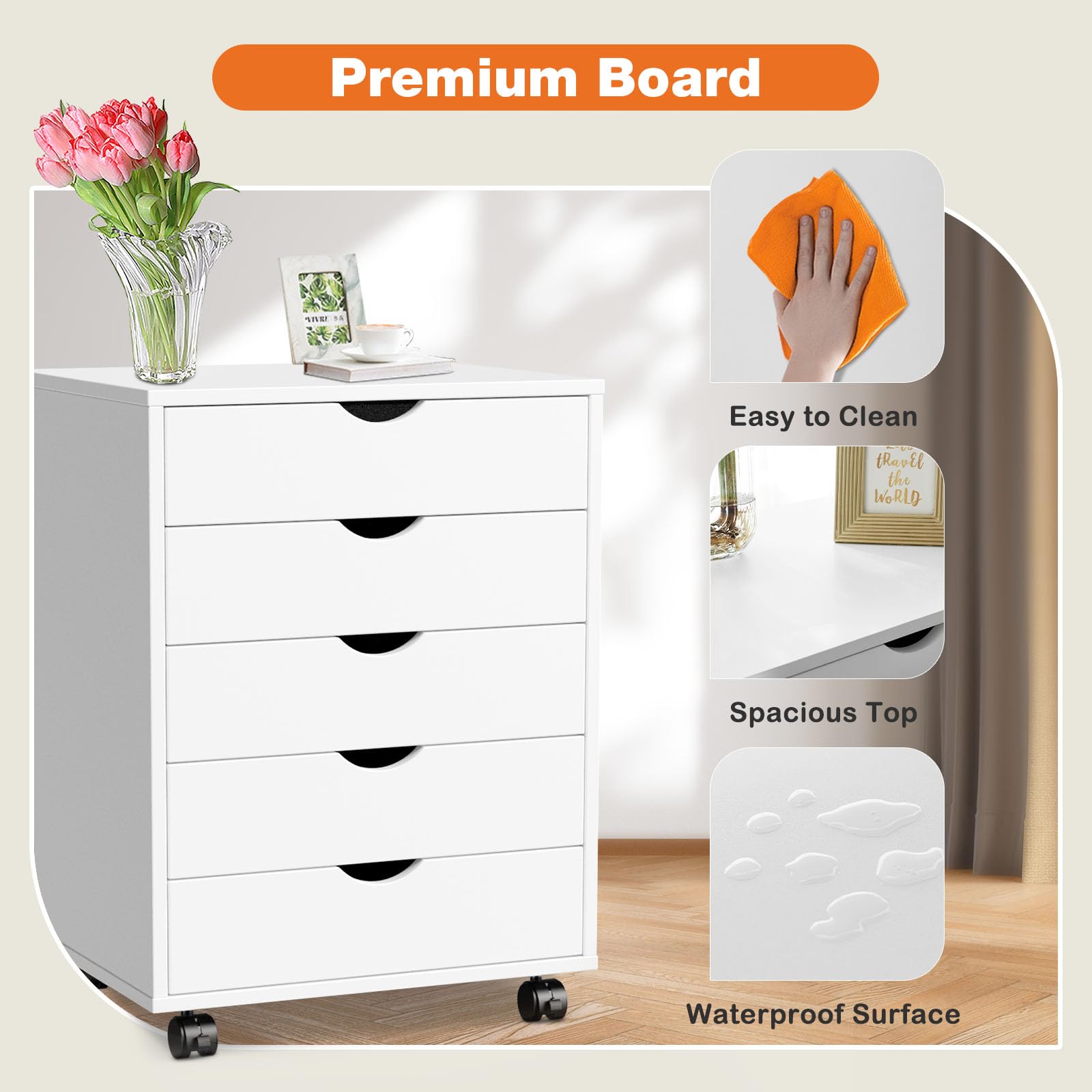 5 Drawer Chest- Dressers Storage Cabinets Wooden Dresser White Mobile Cabinet