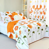 100% Cotton Quilt Queen Size Orange Sunflower Bedding Set Floral Lightweight Quilt