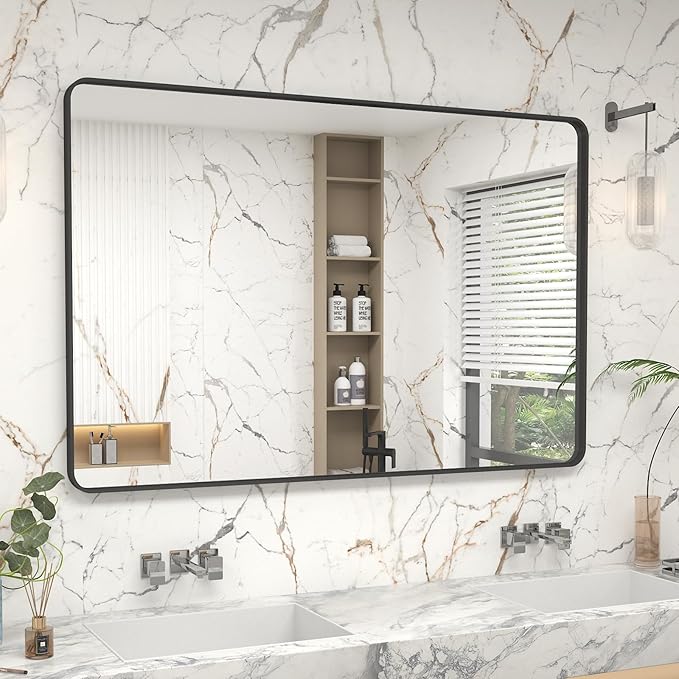 Silver Brushed Bathroom Mirror for Wall, Brushed Silver Metal Framed Bathroom