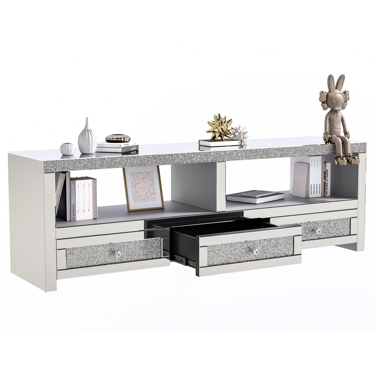 Silver TV Stand for 65 Inch TVs, Mirrored TV Stand with LED Light