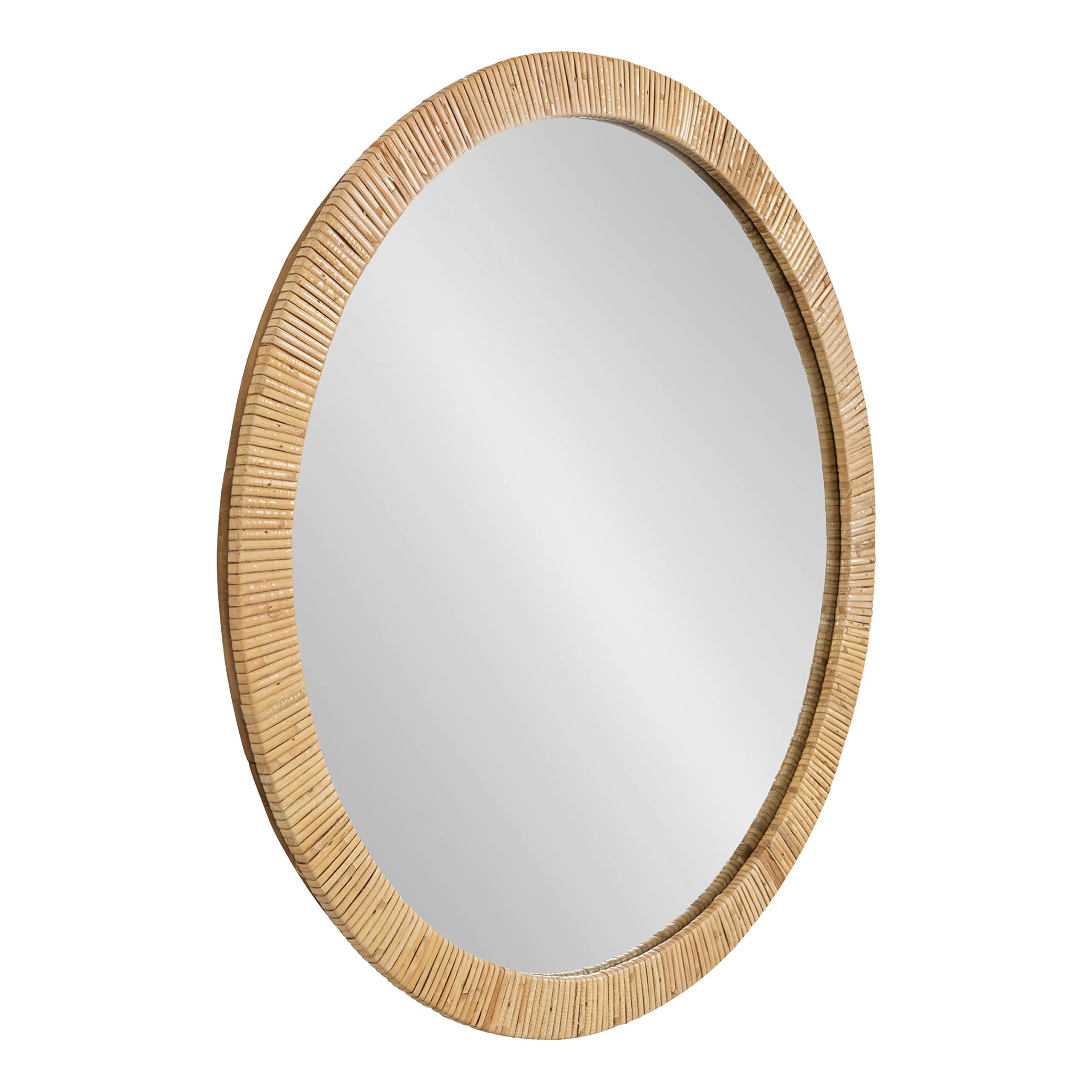Rahfy Boho Round Rattan Mirror, 28 Inch Diameter, Natural Wood, Decorative Round Wood