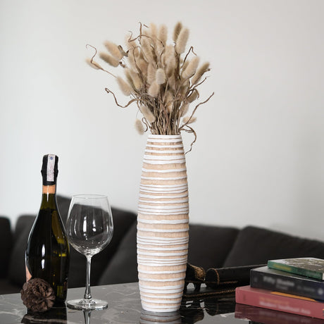 Modern Stripes Rounded White and Brown Mango Tree Wood Flower Vase