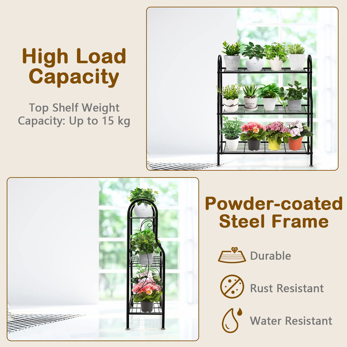 S AFSTAR 3 Tier Metal Plant Stand, Plant Display Rack Shelf Stand w/ Adjustable Feet and Built-in Handles, Home Storage Organizer Shelf, Flower Pot Holder for Home Balcony Yard, Indoor Outdoor