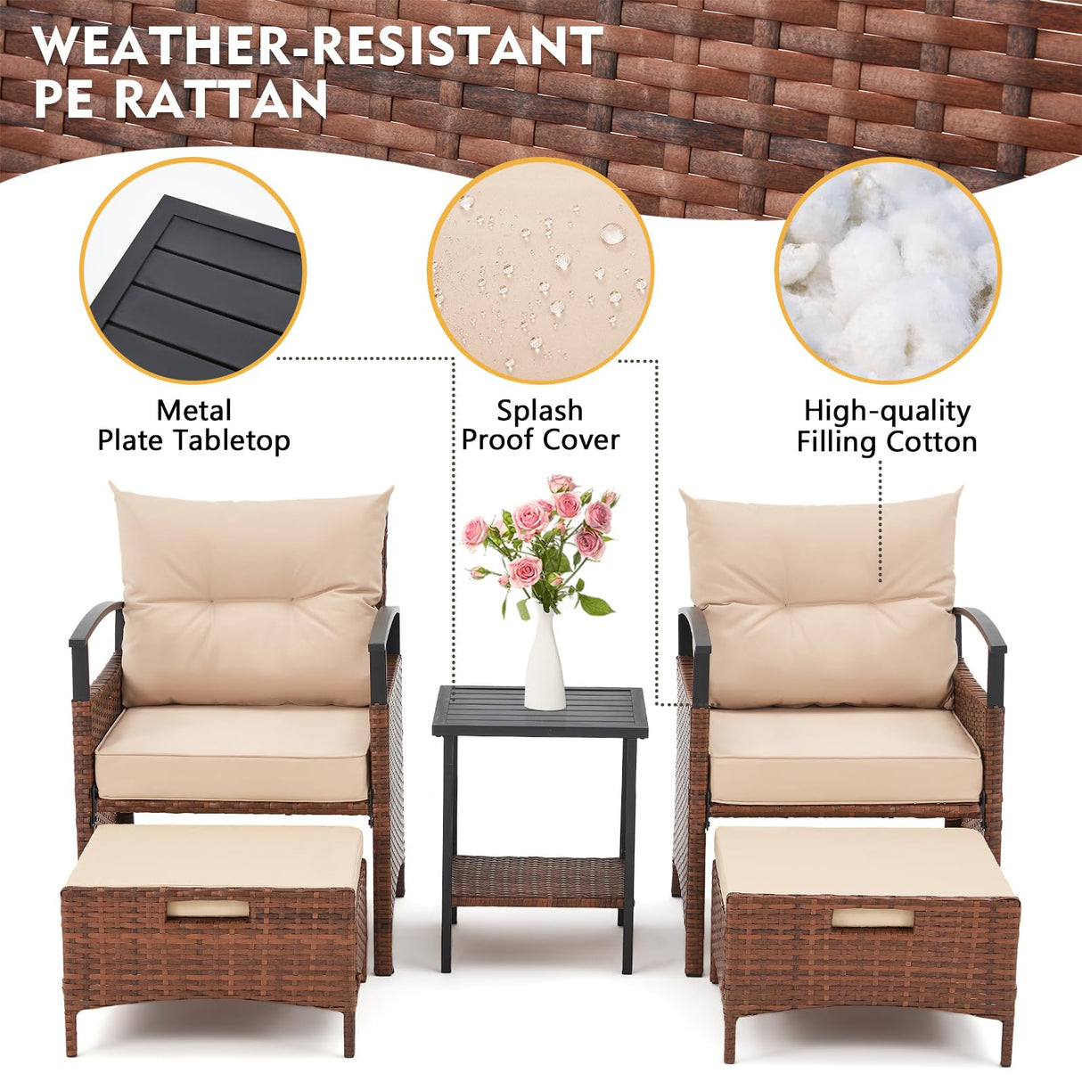 5 Pieces Patio Furniture Set, Outdoor Rattan Chairs with Metal Coffee Table