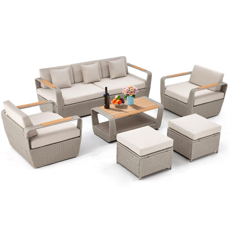 6 Piece Patio Furniture Set, Outdoor Sectional Conversation Rattan Sofa Set