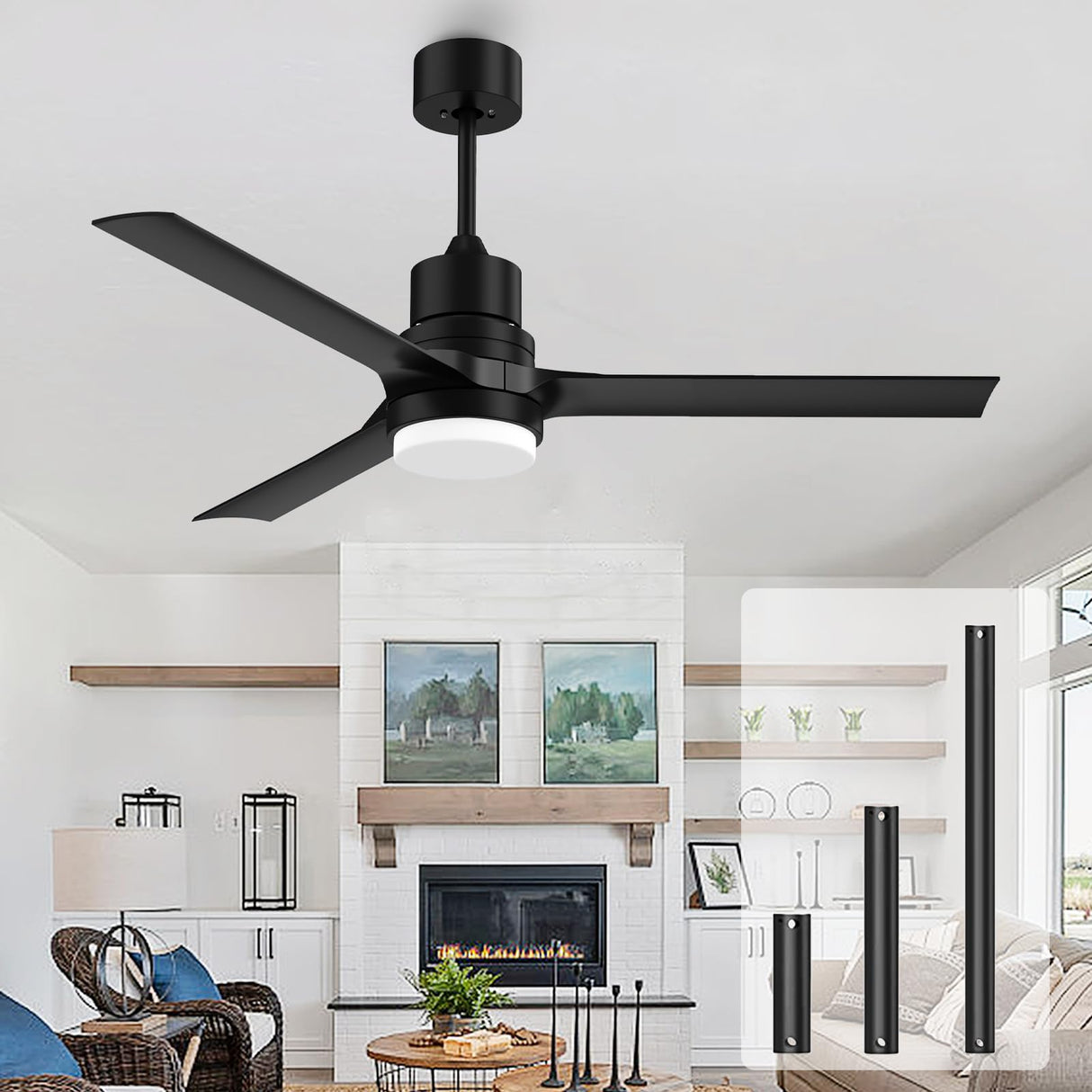 Ceiling Fans with Lights and Remote, 52 Inch Black Ceiling Fan with Remote 6 Speed