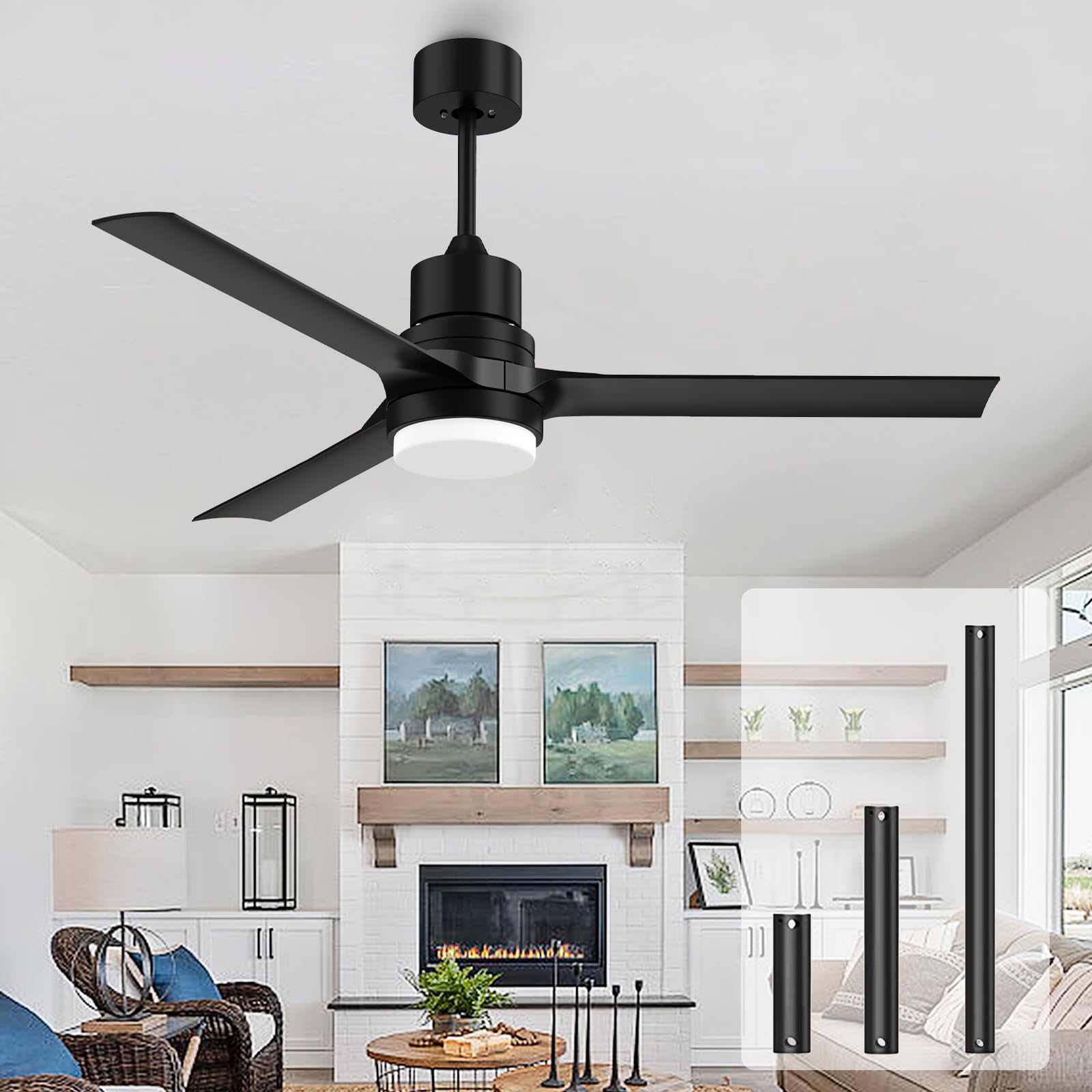 Ceiling Fans with Lights and Remote, 52 Inch Black Ceiling Fan with Remote