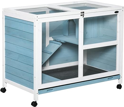 Indoor Rabbit Hutch with Wheels, Desk and Side Table Sized, Wood Rabbit Cage