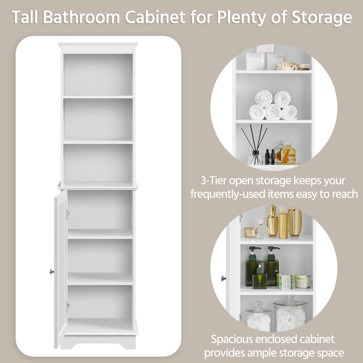 Bathroom Storage Cabinet, Tall Slim Cabinet with 3 Shelves & Door, Floor Freestanding