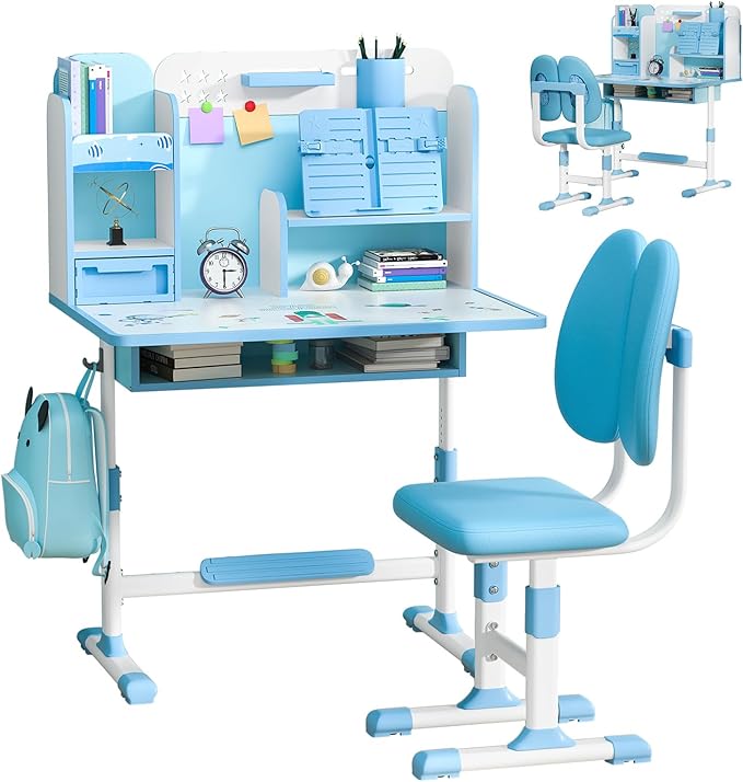 Study Desk Chair Set, Height Adjustable Children School Study Table Chair Set with Sitting Corrector, Ergonomic Desk Chair with Book Stand, Foot Pedal, Partition Design (Blue1)