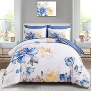Floral Comforter Set Queen Size 7 Pieces Bed in A Bag Blue Flower Leaves Soft Bedding