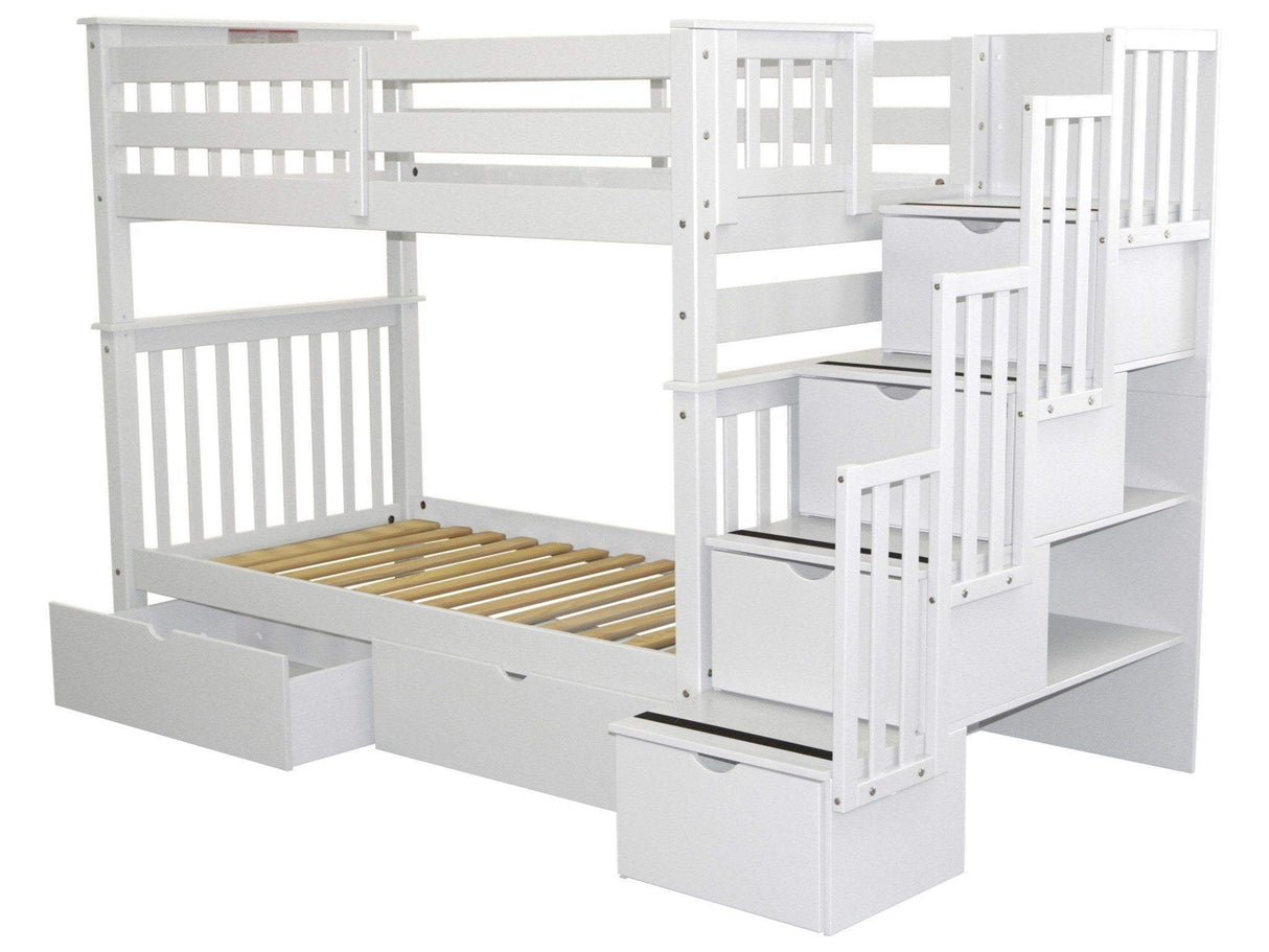 Bedz King Tall Stairway Bunk Beds Twin over Twin with 4 Drawers in the Steps and 2 Under Bed Drawers, White