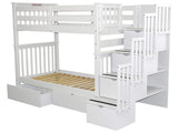 Bedz King Tall Stairway Bunk Beds Twin over Twin with 4 Drawers in the Steps and 2 Under Bed Drawers, White