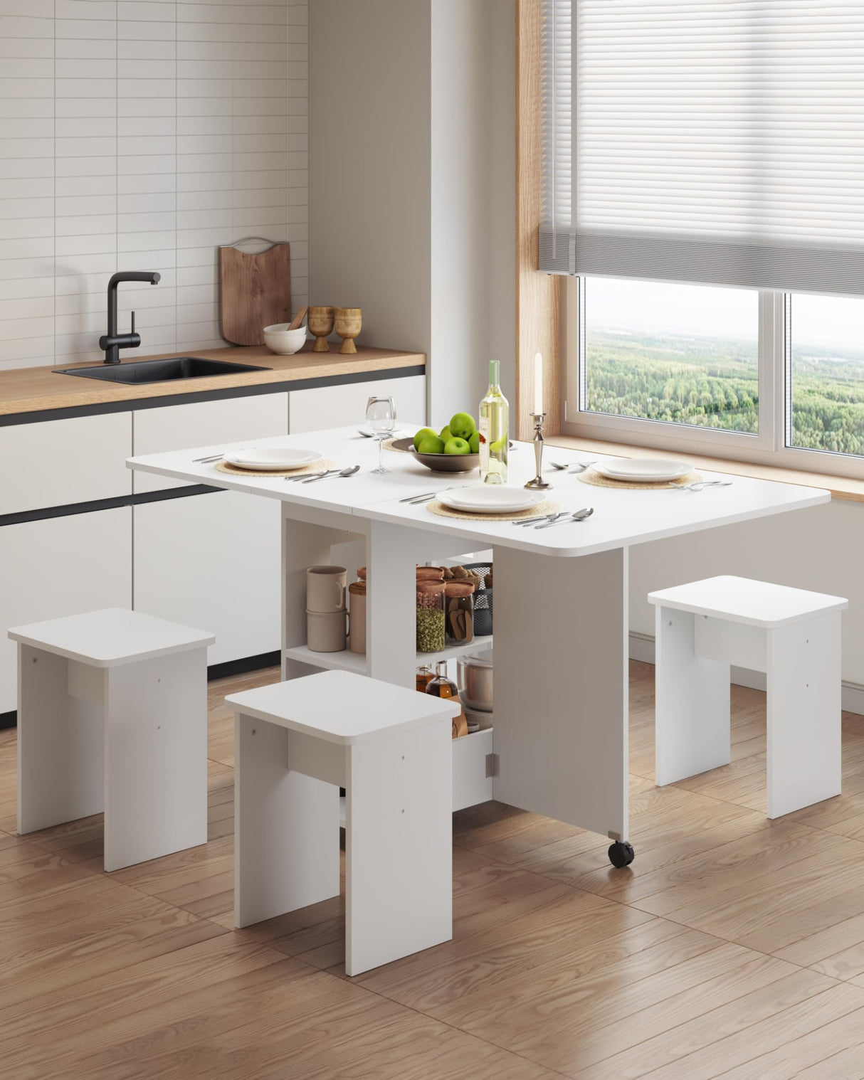 5-Piece Folding Dining Set with Storage & Wheels