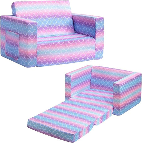 2-in-1 Flip Out Comfy Toddler Couch, Lovely Kids Chair Convertible Sofa to Lounger for Story/Nap