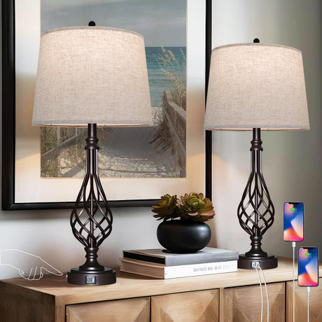 Table Lamps Living Room Lamps Set 2 with Dual USB Charging Port 3 Way Dimmable