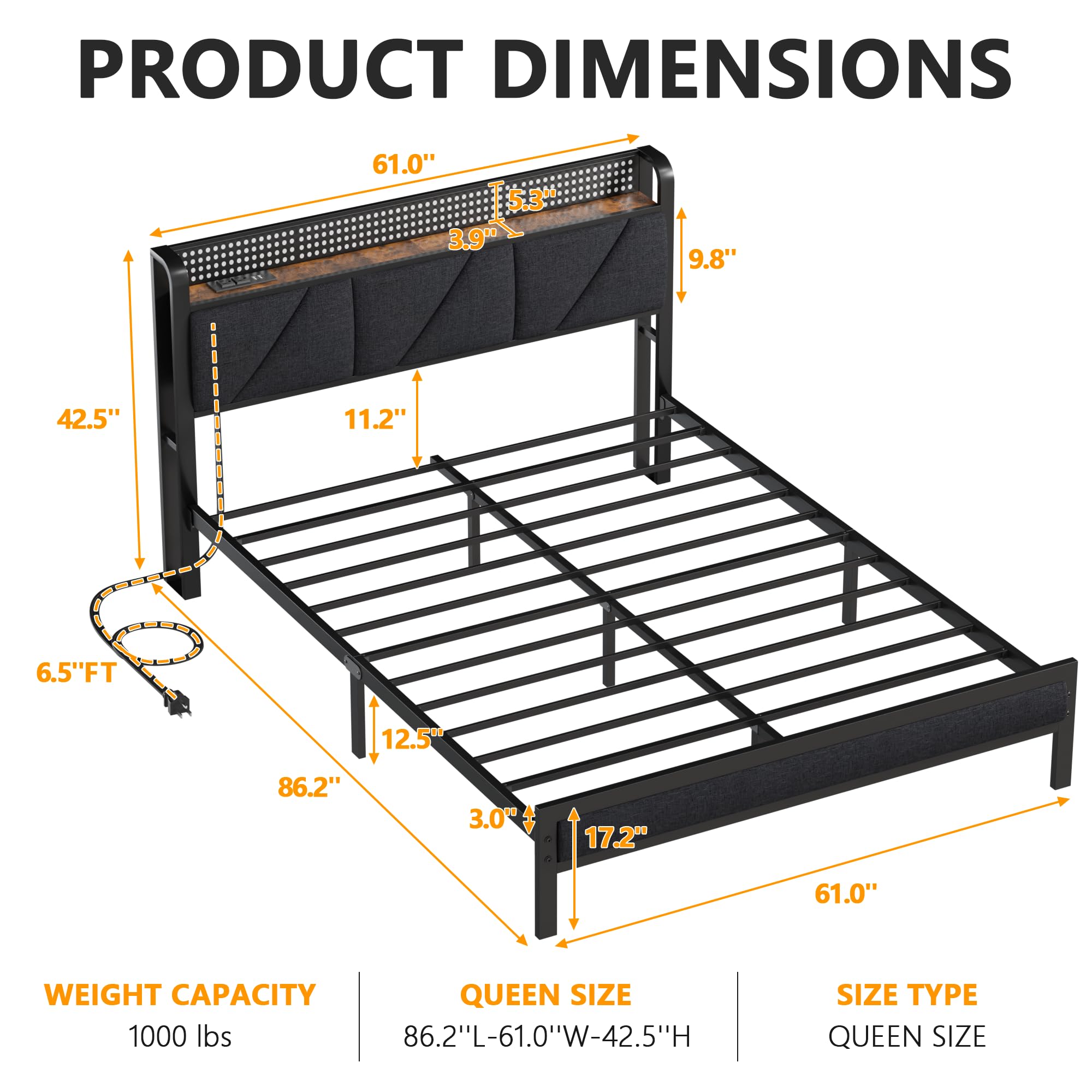 Queen Size Upholstered Bed Frame with LED Lights and Charging Station