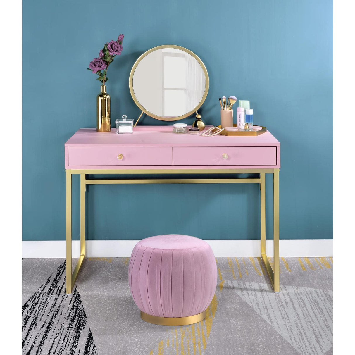 Base Vanity Set with 2 Drawers in Pink and Gold