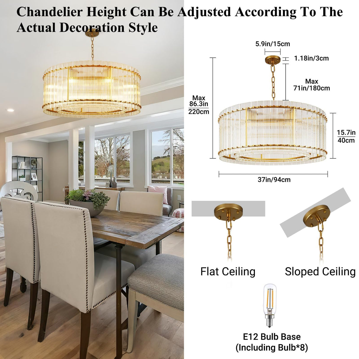 37" Modern Gold Round Chandelier,2-Tier 8-Light Water Ripple Crystal Glass Chandelier