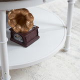 25.6" Dark Walnut White Round Farmhouse Coffee Table, 2-Tier Storage Wood Center