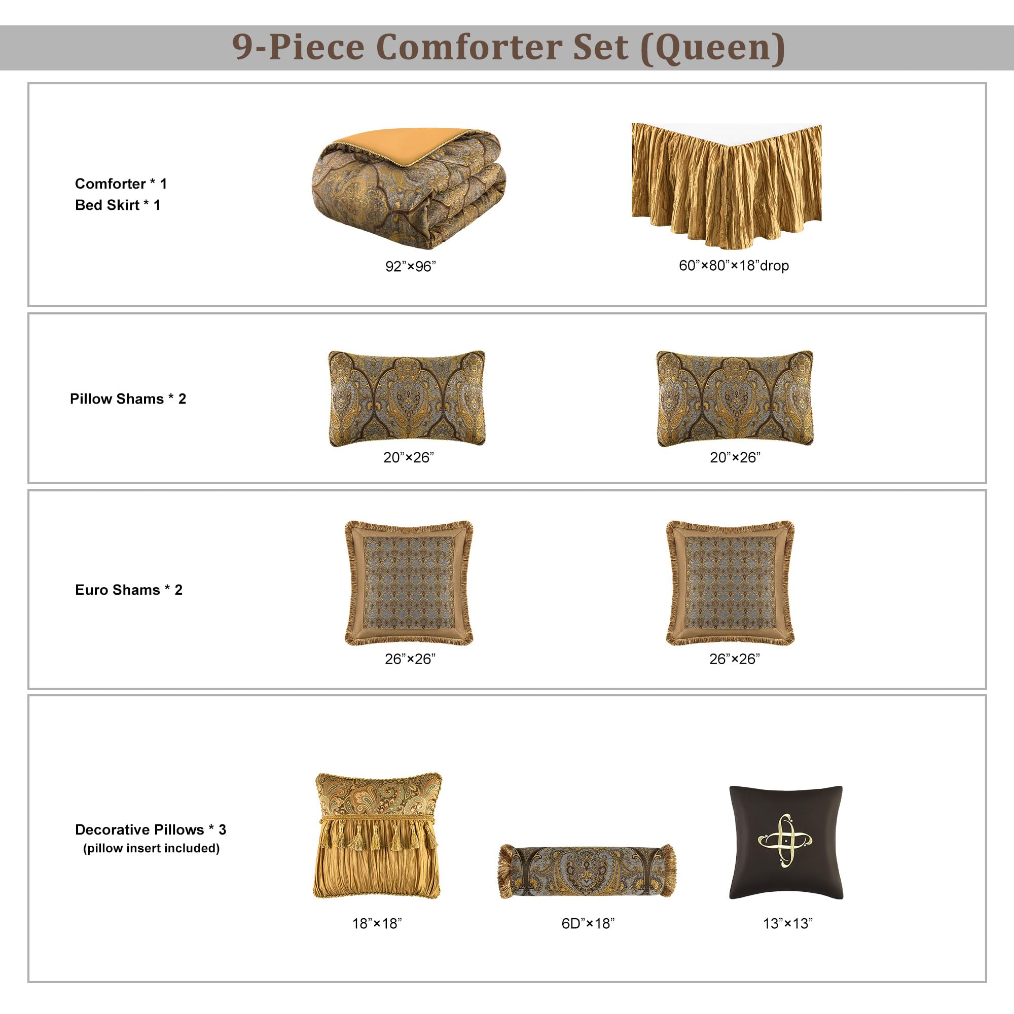 9-Piece Jacquard Comforter Set - Luxury Damask Bedding with Euro Shams & Bedskirt (Bronze Gold, Queen)