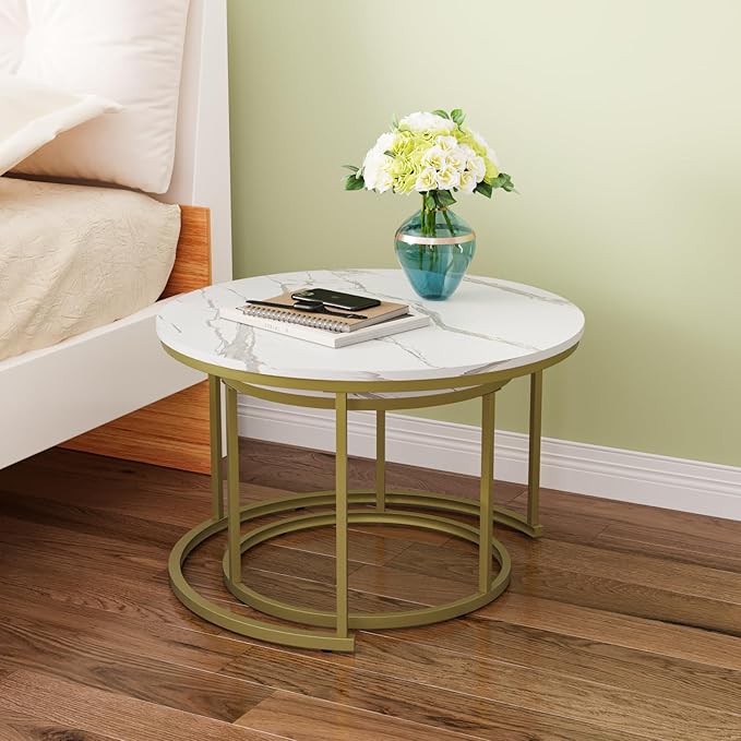 Nesting Coffee Table Set of 2, 27.6" Round Coffee Table Wood Grain Top with Adjustable Non-Slip Feet, Industrial End Table Side Tables for Living Room Bedroom Balcony Yard