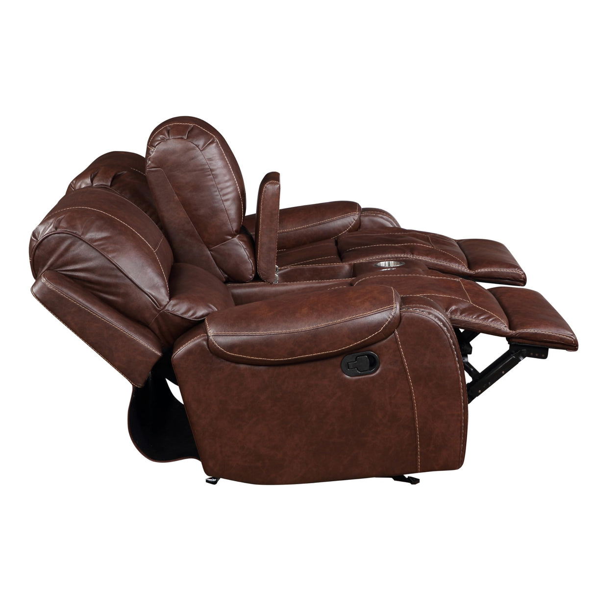 Manual Motion Glider Loveseat, Vegan Leather, 2-USB Charging Ports, 2-Cupholders, Dual