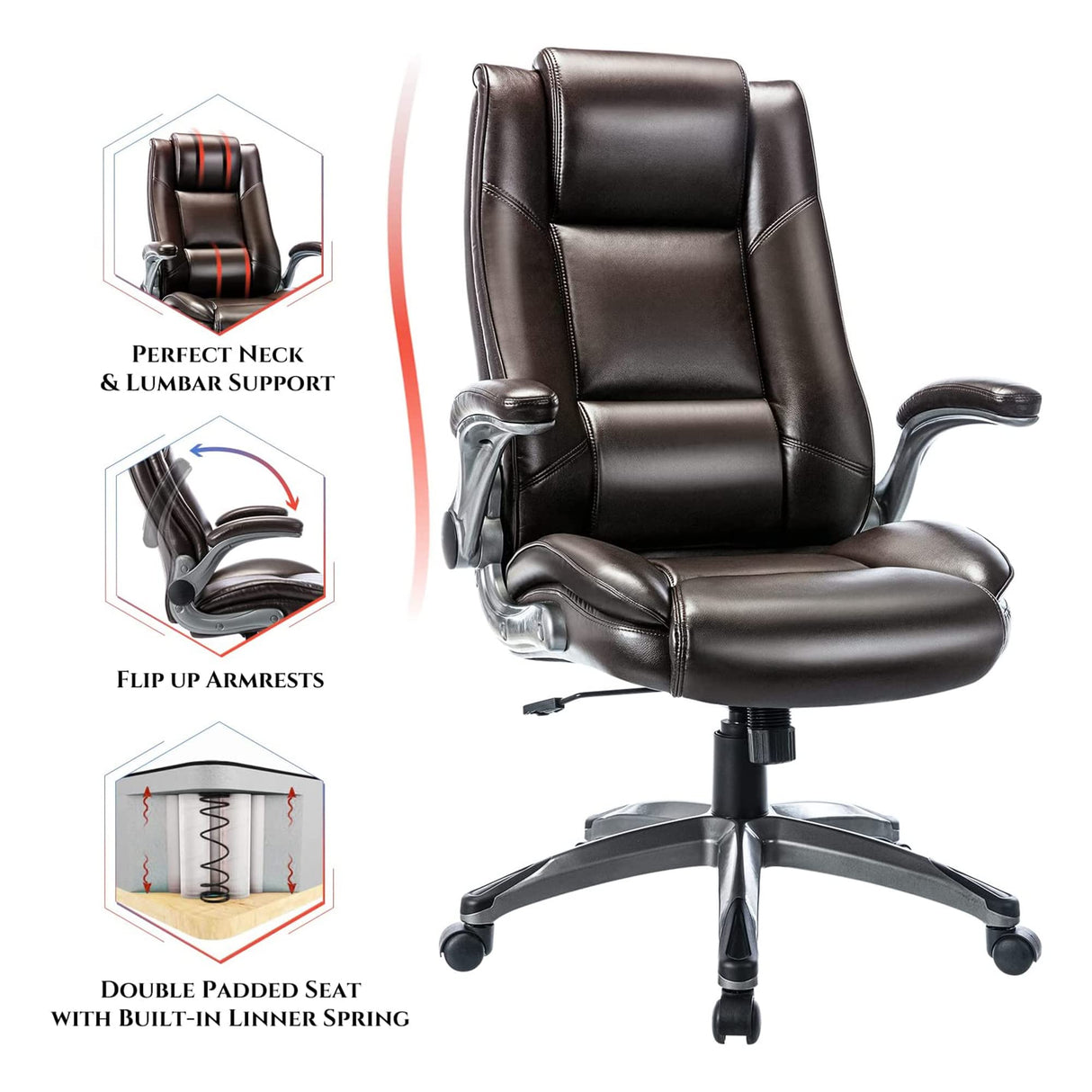 Office Chair High Back Leather Desk Chair, Flip-up Arms Adjustable Swivel Executive