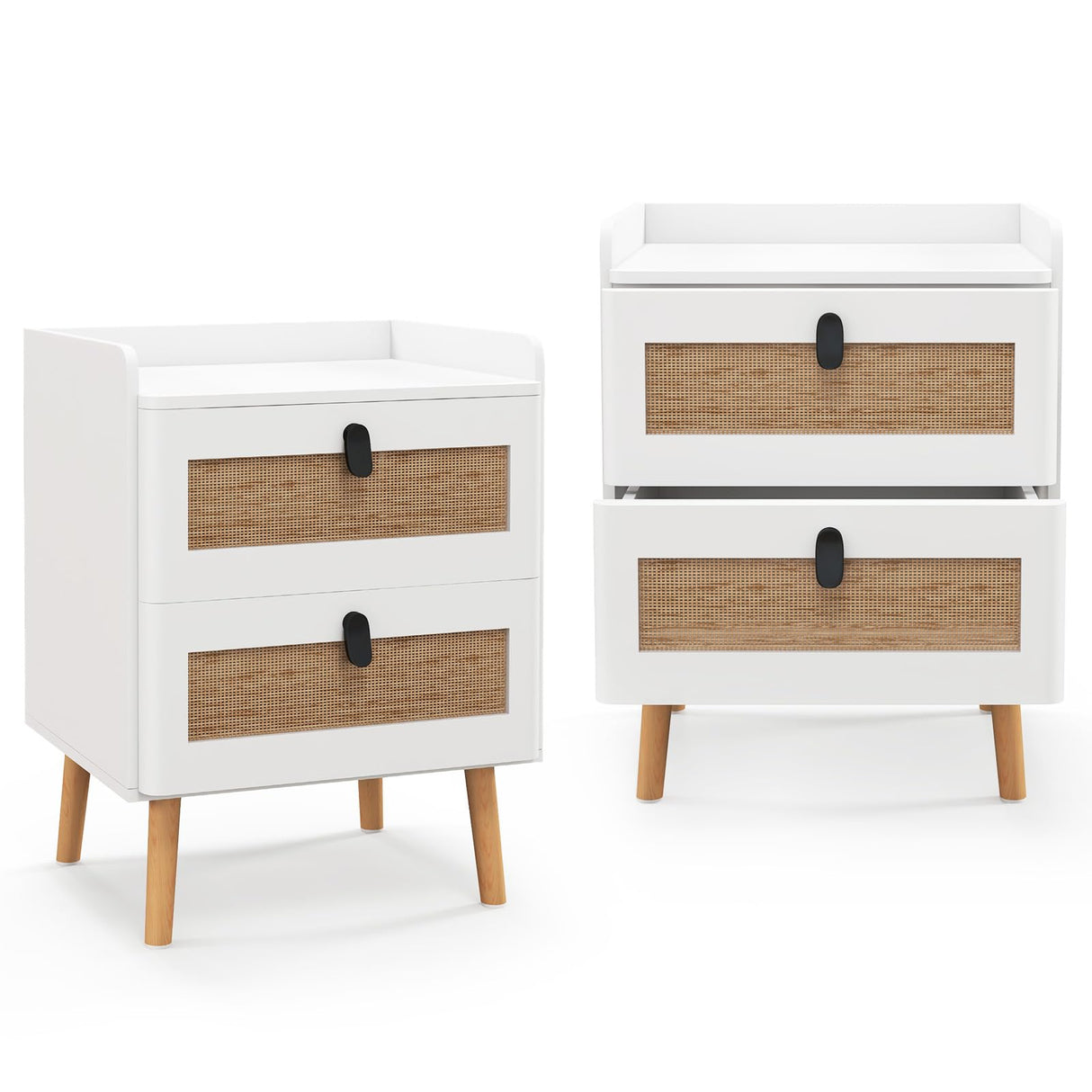 Rattan Nightstand Set of 2, Boho Side Table with 2 Rattan Drawers & 4 Solid Wood Legs,