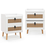 Rattan Nightstand Set of 2, Boho Side Table with 2 Rattan Drawers & 4 Solid Wood Legs,