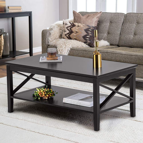 Oxford Coffee Table with Thicker Legs, Black Wood Coffee Table with Storage