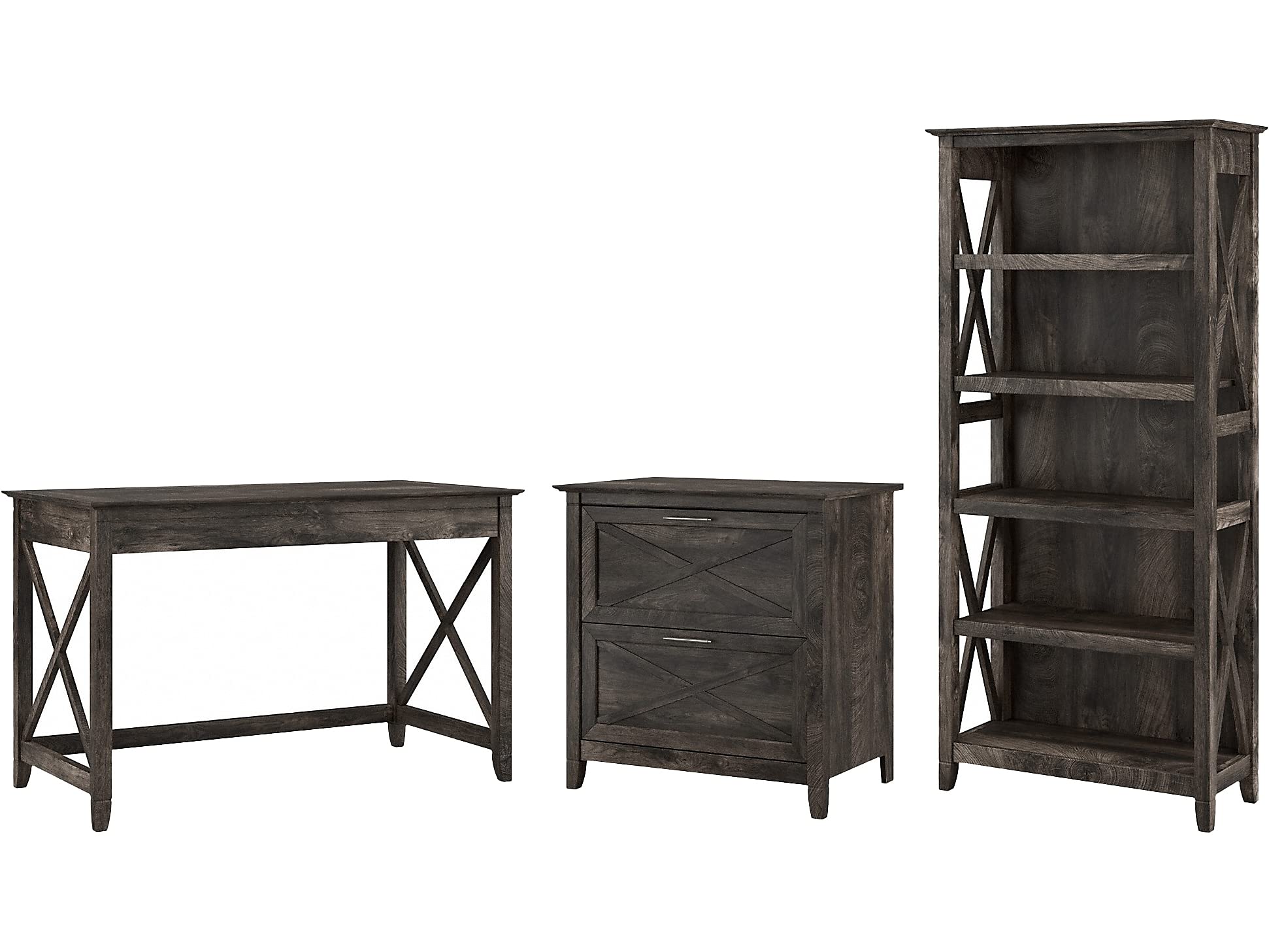 Key West 48W Writing Desk with 2 Drawer Lateral File Cabinet and 5 Shelf Bookcase