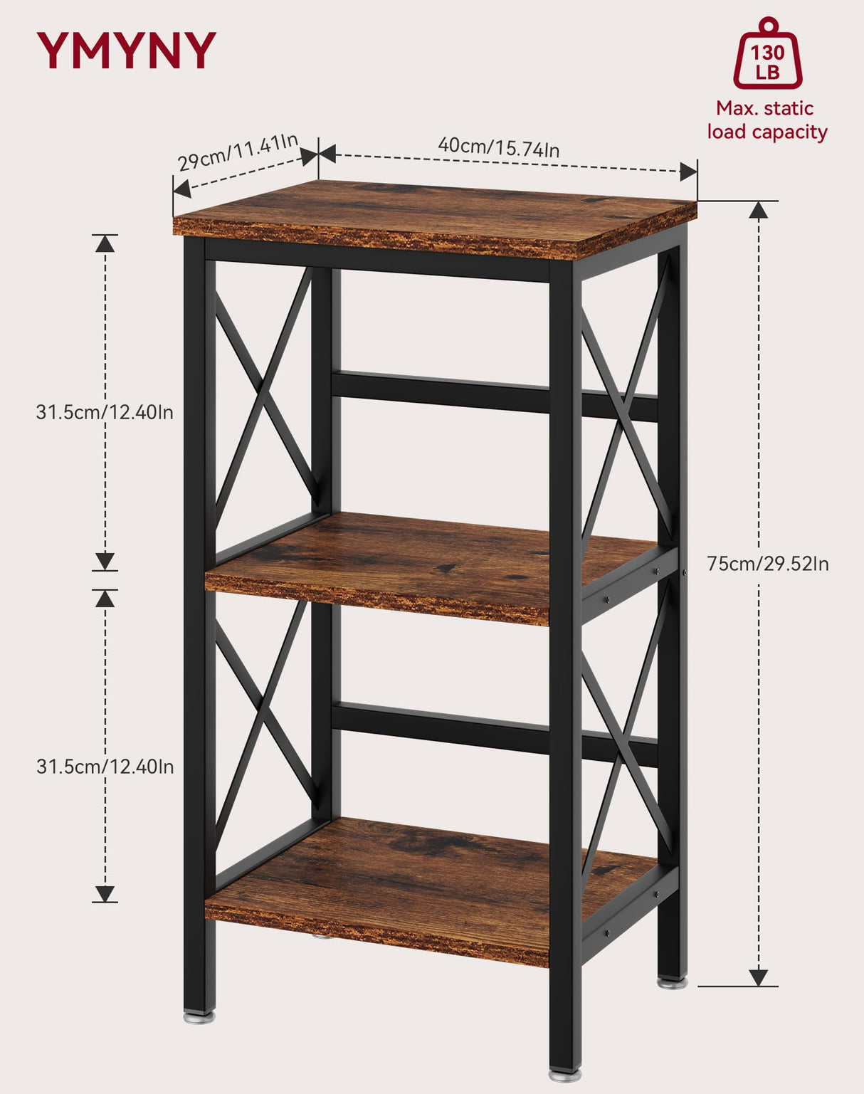 3 Tiers Bookcase, Industrial Metal Bookshelf with Side Fence, Storage Organizer for Living Room, Home Office, Bedroom, Display Racks, Sofa Side Table, Rustic Brown, 29.5*15.75*11.4" UHST008H