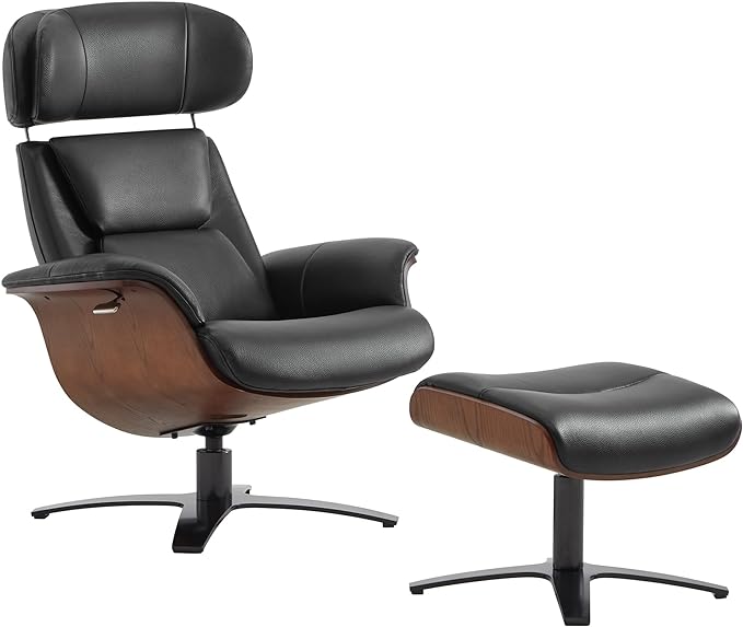 Genuine Leather Reclining Swivel Chair with Adjustable Headrest and Ottoman for Living