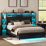 Queen Bed Frame with Bookcase Headboard and Charging Station