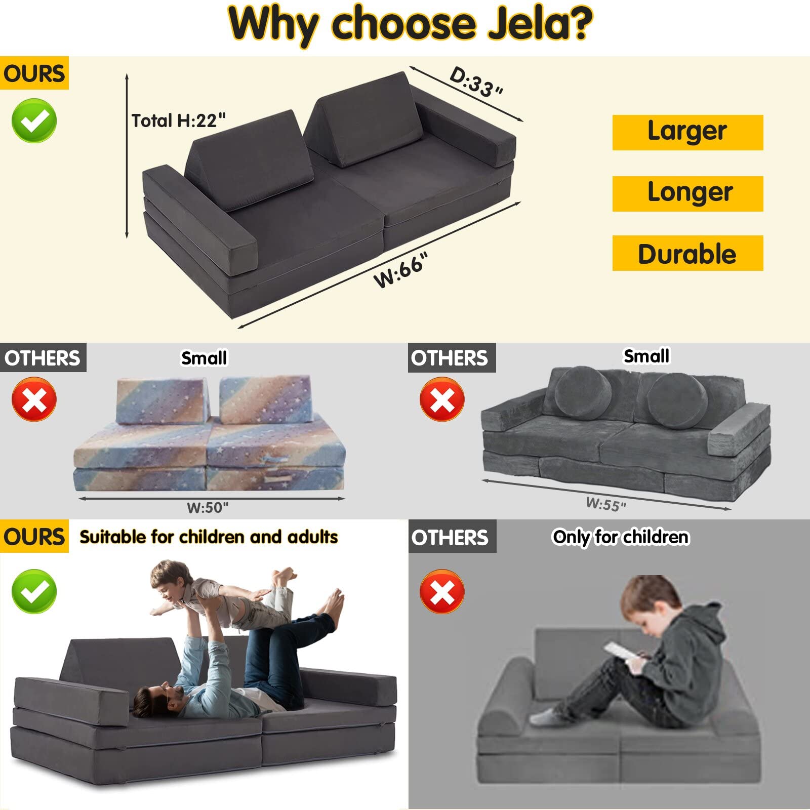 Couch Extended Size 8PCS for Family, Floor Sofa Couch Modular Funiture for Kids Adults,